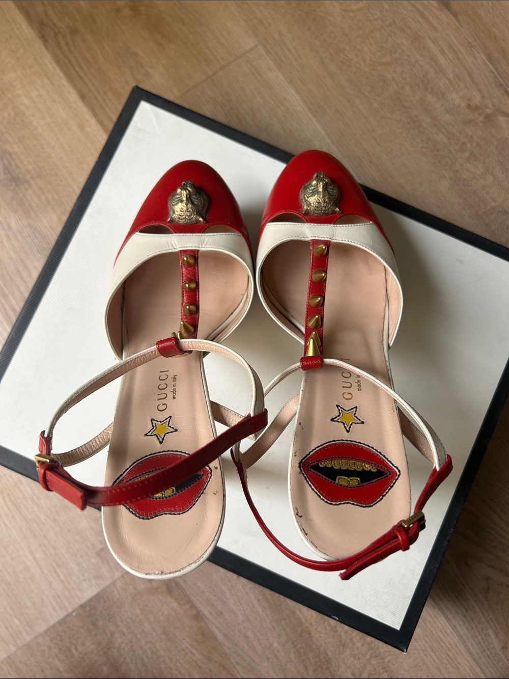 Gucci Red and White Stripe Platform Heels with Stud and Emblem Detail - Picture 6 of 13